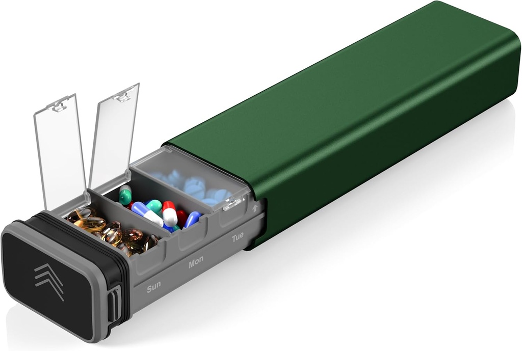 7 日週刊金属の丸薬のオルガナイザー旅行、Kursoaya の優れたアルミニウム毎日の丸薬箱、かわいい携帯用丸薬の箱、補足のための大容量の丸薬のホールダー、丸薬、ビタミン、薬(ハンター緑)