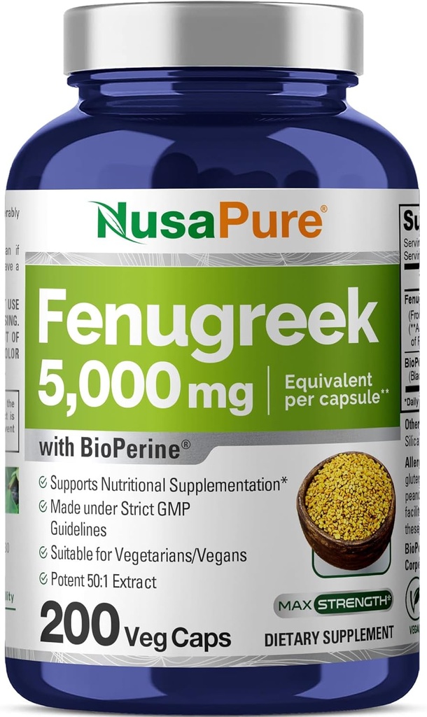NusaPure Fenugreekカプセル、50:1抽出物、5,000mg相当の100mg、200ベジーキャップ、非GMO、ビーガン