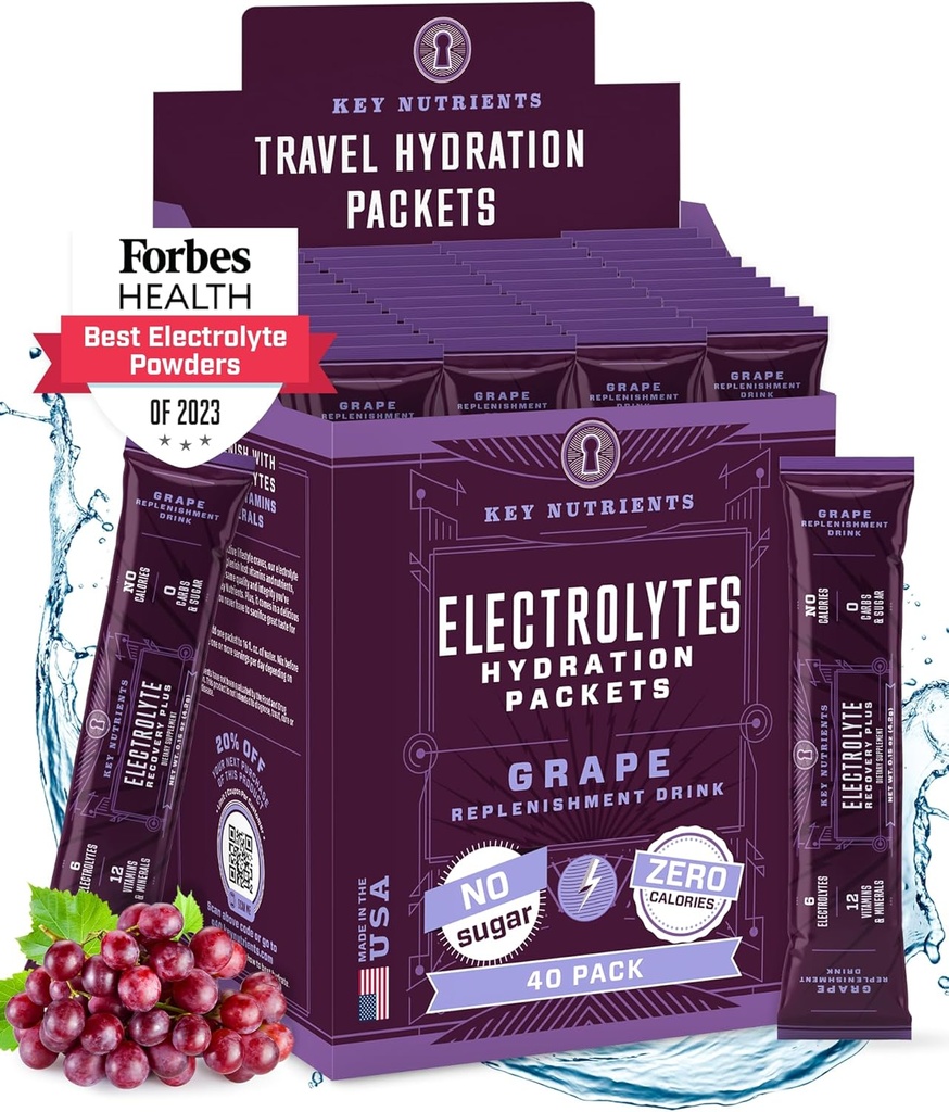 KEY NUTRIENTS Electrolytesパウダーパケット - フルーティーグレープ40パック水分補給パック - 旅行水分補給パウダー - 砂糖なし、カロリーなし、グルテンフリー - 米国製