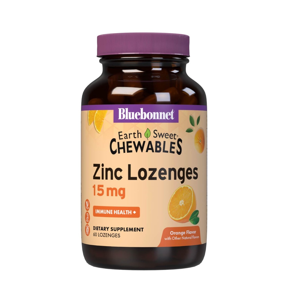 Bluebonnet栄養地球甘い亜鉛ロゼンジ15mgのChewables、プラス100mgのビタミンC、大豆フリー、グルテンフリー、コーシャ認定、乳製品フリー、ビーガン、オレンジ風味、60ロゼンジ