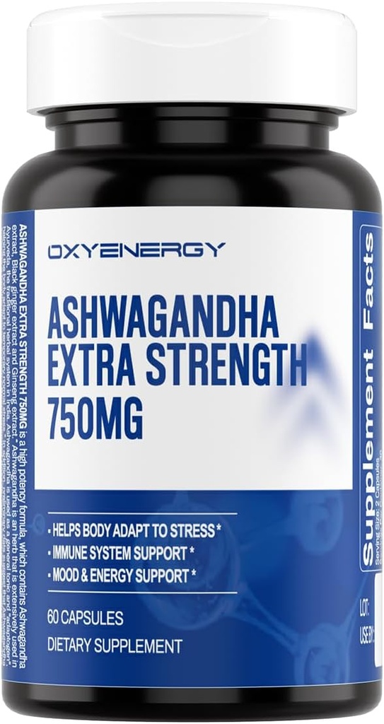 OxyEnergy Ashwagandhaの余分強さ750mg-Stressの救助-免疫及びエネルギー サポート-グルテンフリー、酪農場及び大豆- 60のカプセル