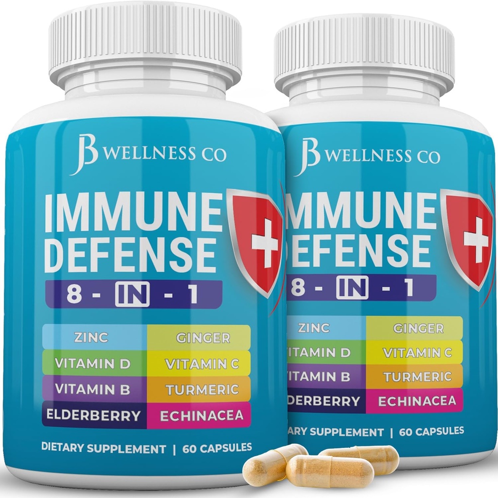 Immune Support 8 in 1 Capsules - Zinc Supplement, Vitamin D3, Vitamin C and Elderberry - Immune Booster Ginger Root, and Turmeric - [2-Pack]