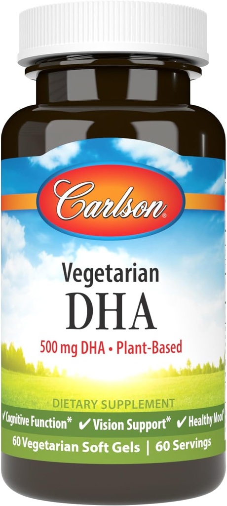 Carlson - Vegetarian DHA, 500 mg DHA, Plant Based, Sustainably Sourced from Algae, Brain Support, Mood Health, 60 Softgels