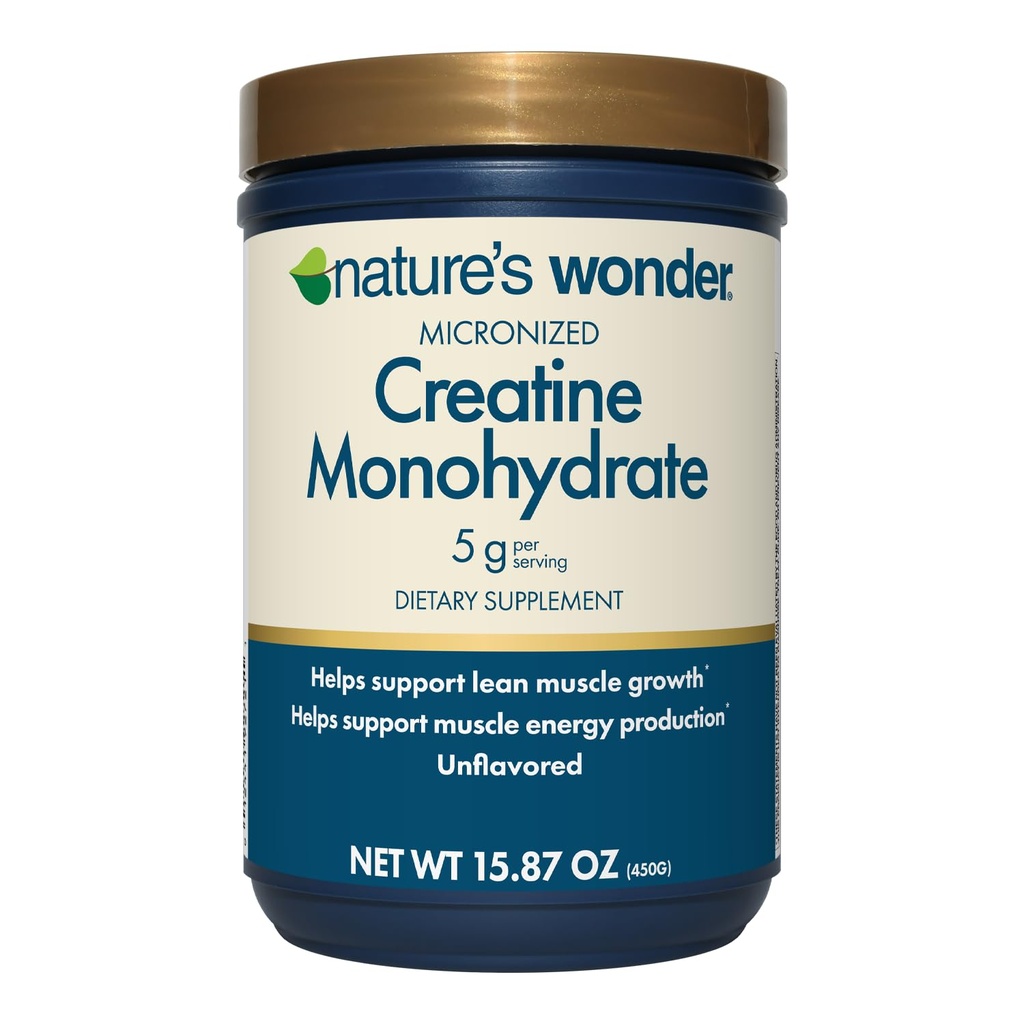 Nature's Wonder Micronizedクレアチンモノハイドパウダー5g、マッスルヘルス、マッスルエネルギー生産、Lactose、サービングあたり5g、450G、90サービング