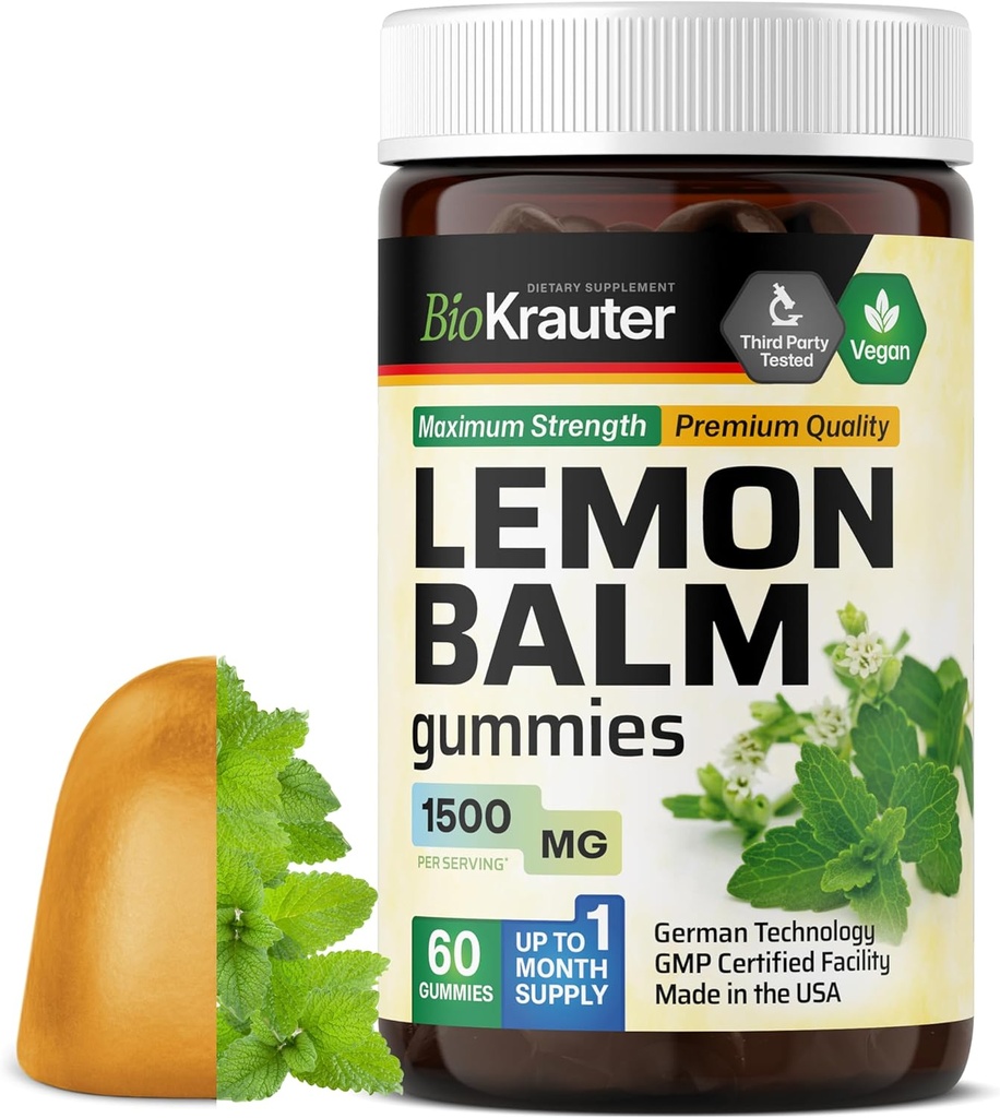 BIO KRAUTER Lemon Balm Gummies - 1500 mg Strength - 60 Vegan Chews - Calmness Support - Lemon Balm Leaf Extract - Gelatine-Free