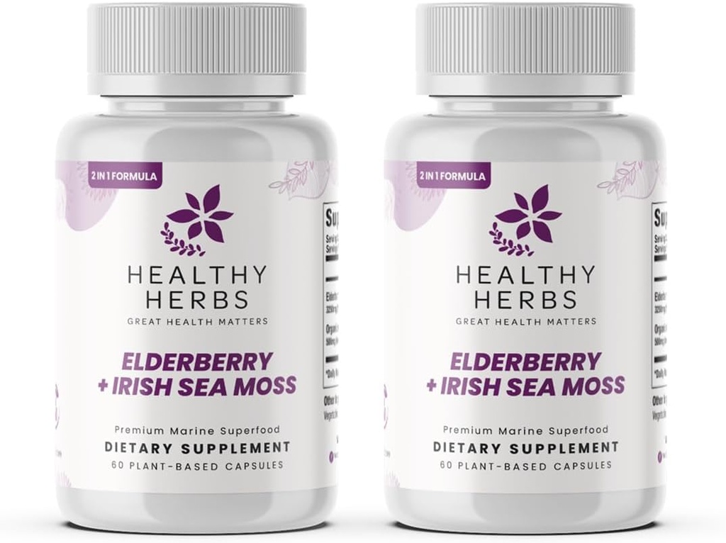 ヘルシーハーブ ワイルドクラフト エルダーベリーシーモス カプセル | 2600mg アイリッシュシーモズ + エルダーベリーエッセンシャルブレンド | US-Made, ビーガン, 非GMO, イージースワロ (2パック)