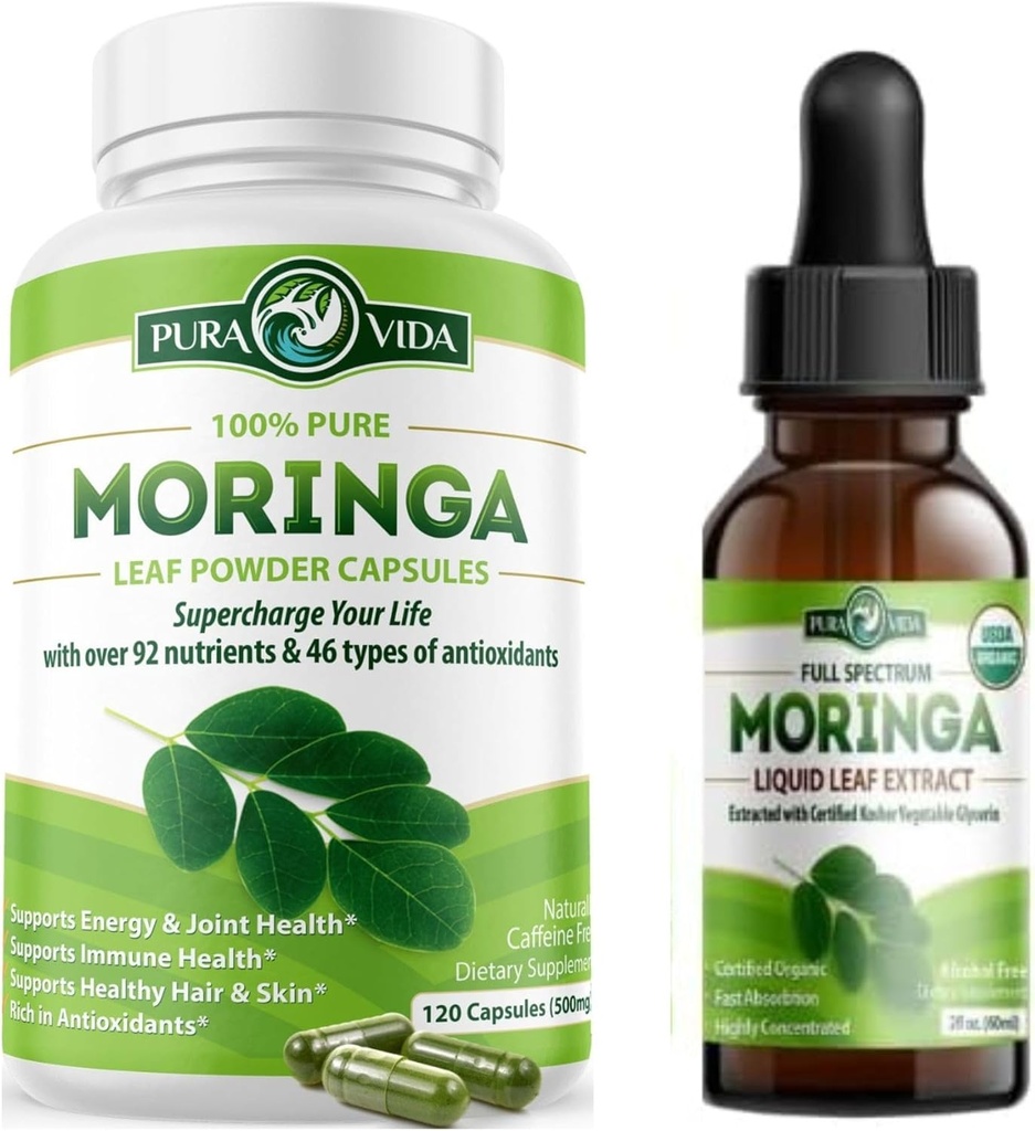 PURA VIDA MORINGAのカプセル(120の計算)およびMoringaの葉のエキスの低下(2flのoz)