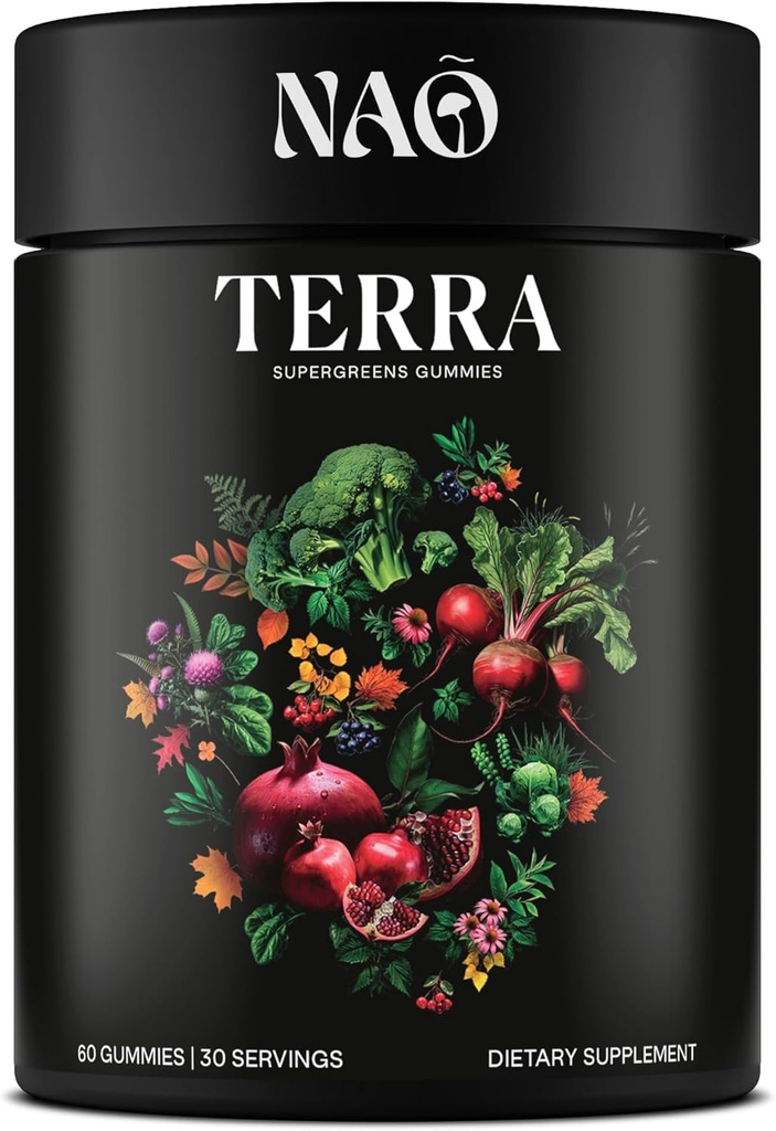 Terra Supergreens Gummies – 18 スピルリナ、クロレラ、ターメリック、Reishi & Ashwagandha – 毎日の抗酸化剤、デトックス&免疫サポートサプリメント – ビーガン、非GMO、米国製