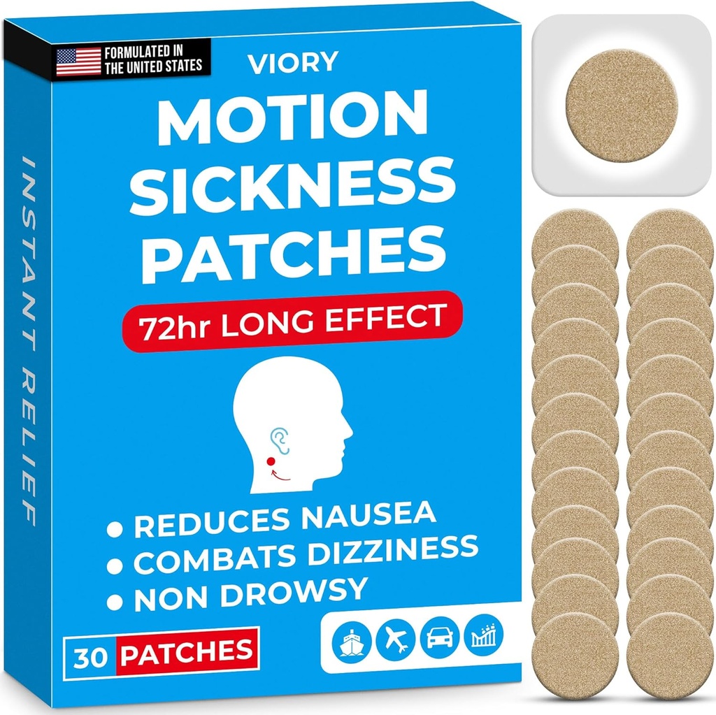 VIORY Motion Sickness Patches for Car and Boat Rides, Ships, Cruise and Airplane & Other Forms of Transport - Travel Essentials, for Adults and Kids (30 Count)