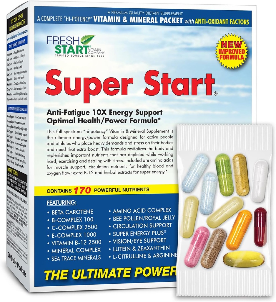 Super Start Complete Daily Vitamin Pack | 10X Energy & Stamina Booster, Muscle Support | Vitamin A, B, C, D, E, B12, Minerals, Amino Acids, Bee Pollen, Ashwagandha, Panax Ginseng (30 Packets)