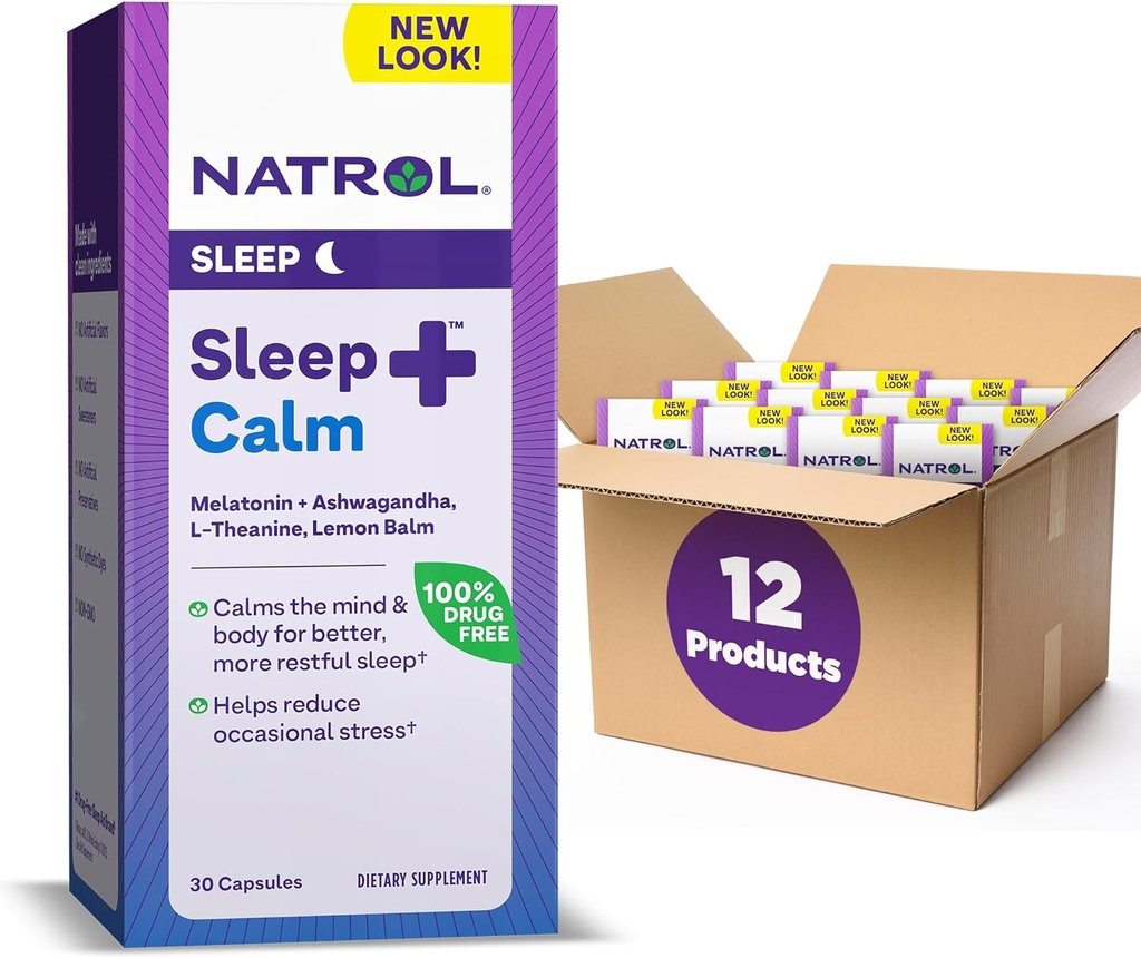 Natrol Sleep+ Calm Melatonin 6mg with Ashwagandha, L-Theanine and Lemon Balm, 残りの睡眠のための栄養補助食品, 30カプセル, 30 日の供給 (パック 12)