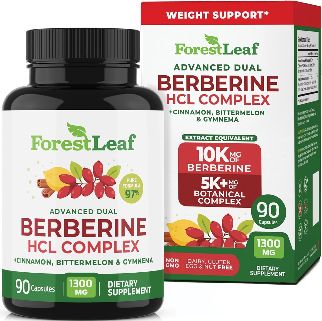 ForestLeaf Berberineの補足-GLP-1によって刺激される方式-サービングごとの1300mg-超高い効力のBerberine HClおよびCeylonのシナモン、ビターのメロン及び体育館-重量管理サポート- 90の帽子