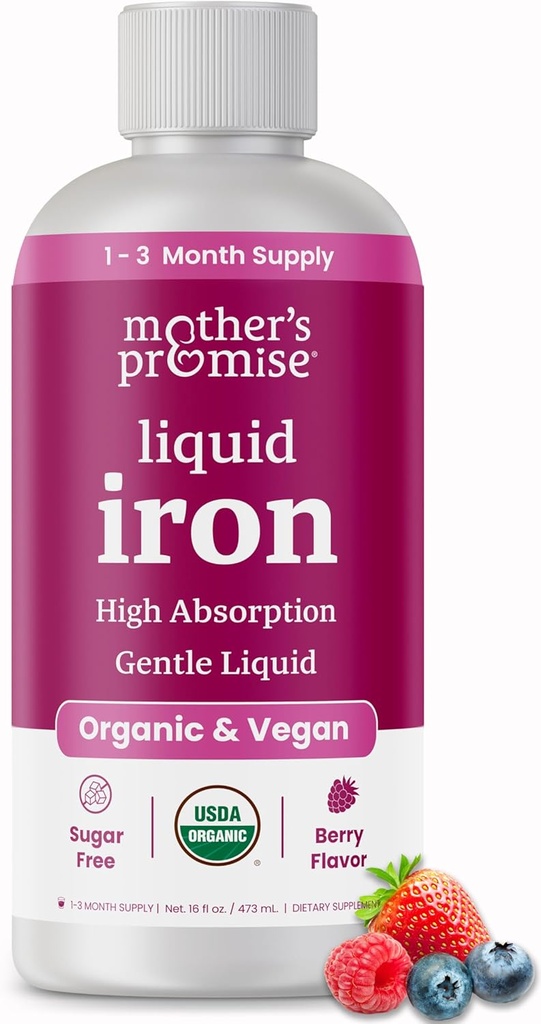 Organic Liquid Iron Supplement for Women, Men & Kids with Vitamin C | Sugar Free Natural Berry Flavor Non Constipating Vegan Ferrochel® Iron Supplements for Healthy Blood, Prenatal & Postnatal