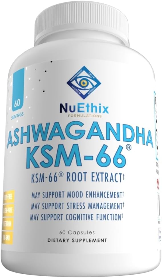NuEthix 処方 Ashwagandha KSM 66, 500mg の KSM-66 ルート抽出物, 気分, ストレス, & 認知サポート, BioPerine ブラックペッパーエキス, Gluten Free, ベジタリアン, Non-GMO, & Dairy Free, 60 のサービング