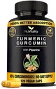 ブラックペッパーエキス(Piperine)付きターメリッククルクミン - 120ベジギーターカプセル - プレミアム95%標準化カークミノイド - 高吸収性と効力 - 共同サポートサプリメント