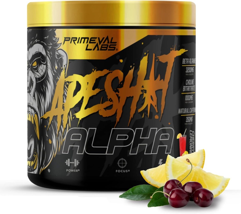 Primeval Labs Ape Alpha Natural Pre Workout for Men and Women | Increase Endurance and Focus | 350mg Caffeine Powder | Beta-Alanine |L citrulline | Nitric Oxide Booster | Cherry Lemonade, 40 Servings