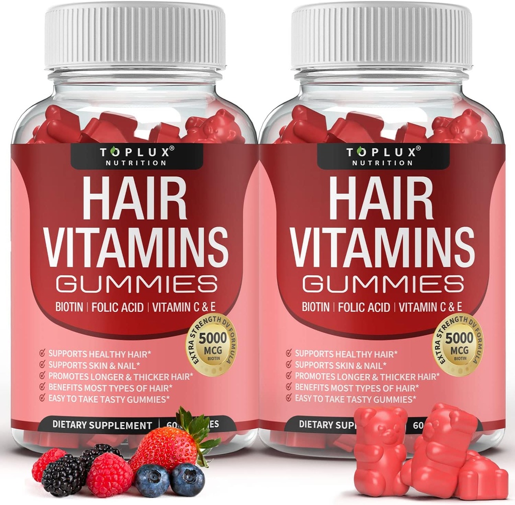 Hair Vitamins Gummies Supplement – Faster Hair Growth Gummy 5000mcg Biotin, Folic Acid, Vitamin C & E, Support Stronger & Thicker Hair, Skin, Nails, Non-GMO, for Men Women, 60 Berry Flavored Gummies