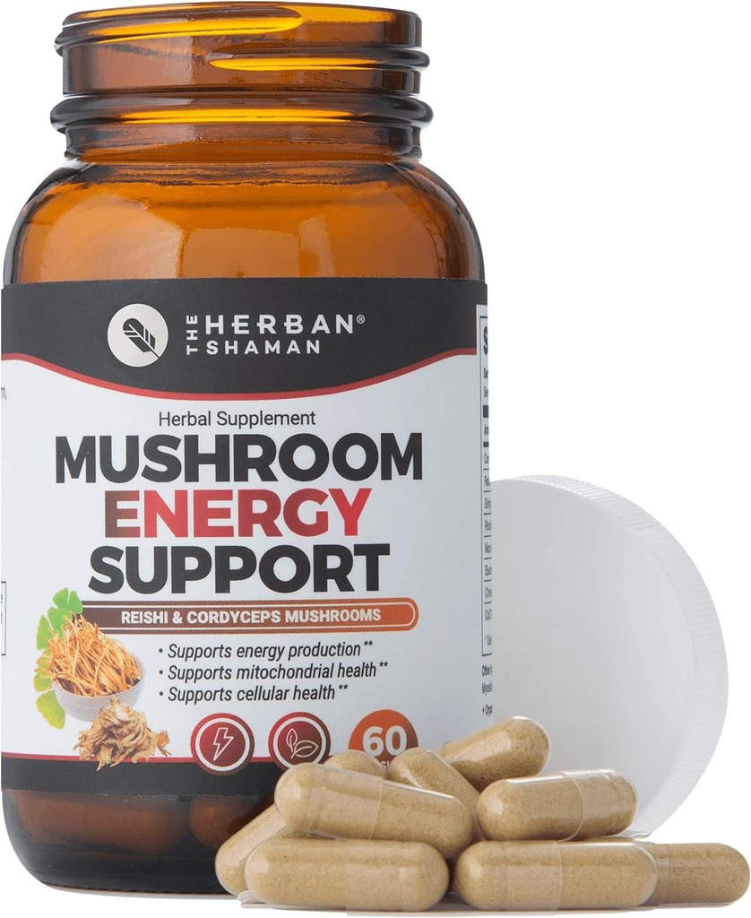きのこの補足のエネルギー サポート | Reishi、Ginkgo、Rhodiola、Maca、中国のGinseng、CoQ10 +多くが付いている有機のきのこの草のカプセル(60のカプセル)