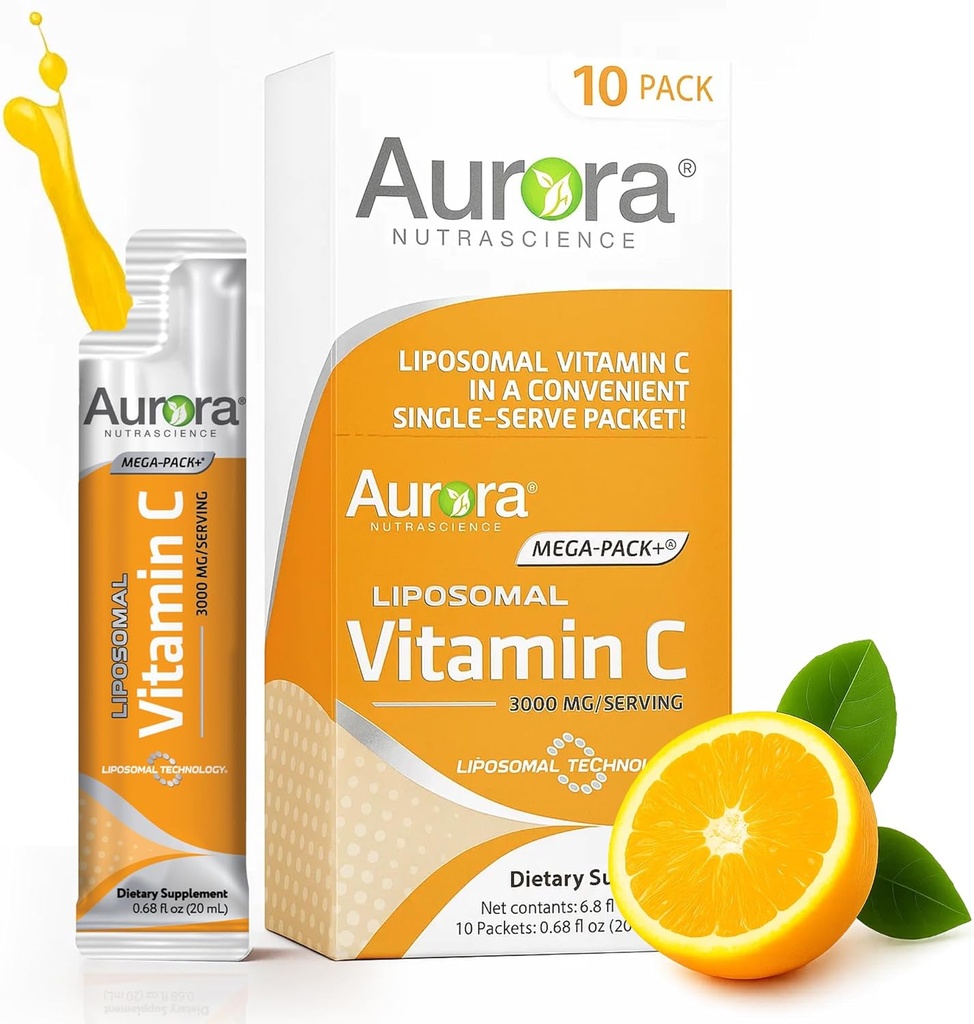 Aurora Nutrascience Mega-Pack Liposomal Vitamin C, 免疫サポート, 3,000 mg/サービング, ビーガン, グルテンフリー, 非GMO, 10 シングルサーブパケット, オレンジ