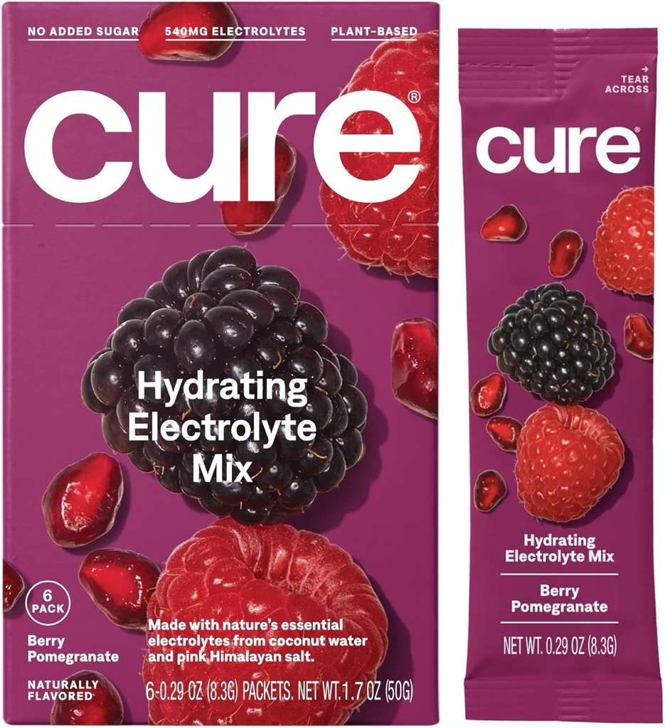 Cure Hydration | Plant-Based Electrolyte Drink Mix | No Added Sugar | Dehydration Relief Powder Made with Coconut Water | Non-GMO | Vegan | Box of 8 Packets - Berry Pomegranate