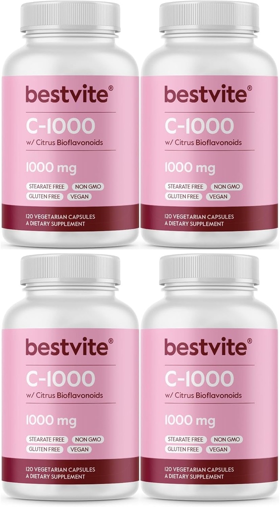 BESTVITEビタミンC 1000mg(480ベジタリアンカプセル)(120 x 4)シトラスBioflavinoids - No Stearates - ビーガン - 非GMO -グルテンフリー