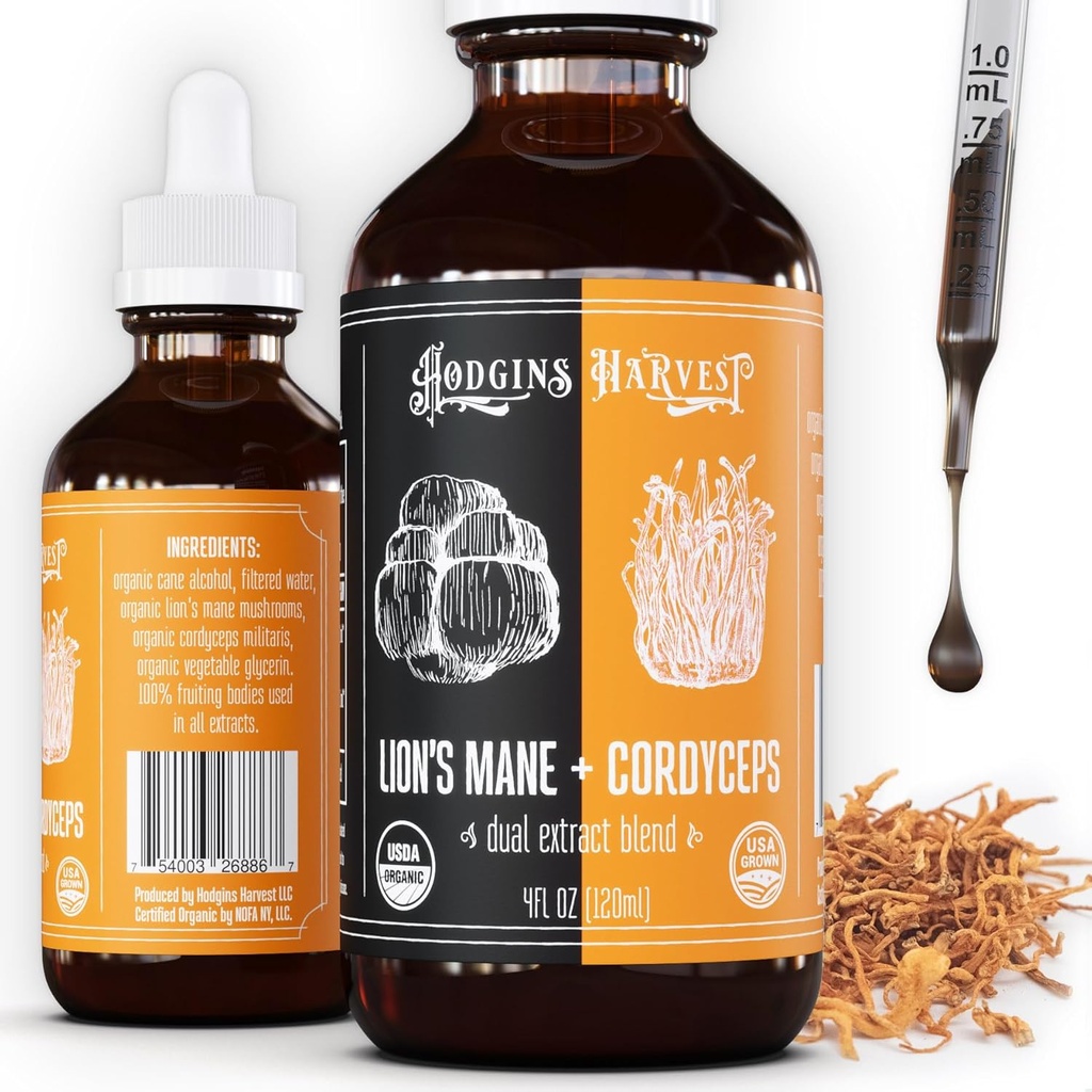 Hodgins Harvest Organic Lion's Mane + Cordyceps Tincture | アメリカのマッシュルームで栽培されたマッシュルーム | デュアルエキス | エキストラ(4 fl oz)