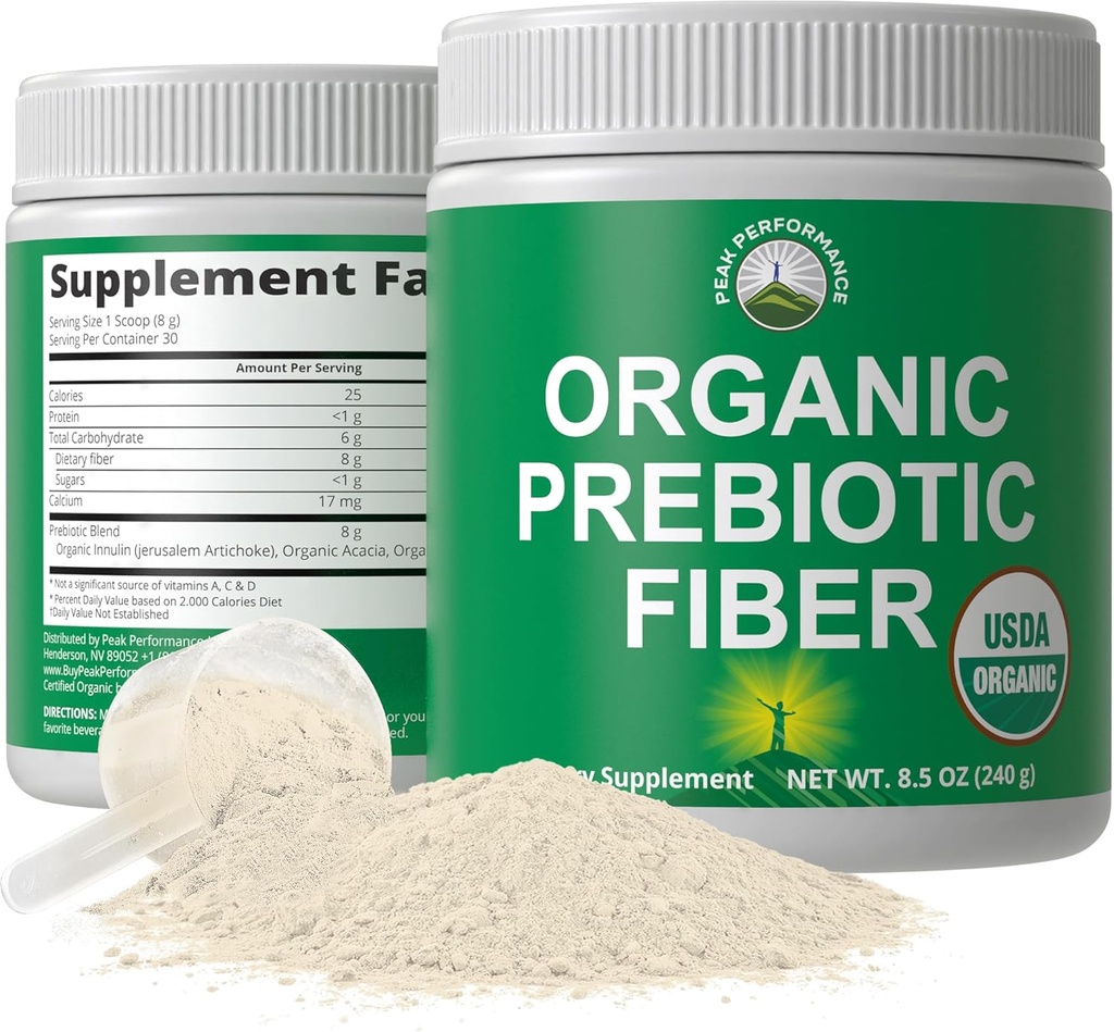 Organic Prebiotic Fiber 3-in-1 Vegan Powder for Gut Health. USDA Organic Raw Whole Food Plant Based Prebiotics Digestive Supplement with Organic Inulin (Jerusalem Artichoke), Acacia Fibers, SunFiber