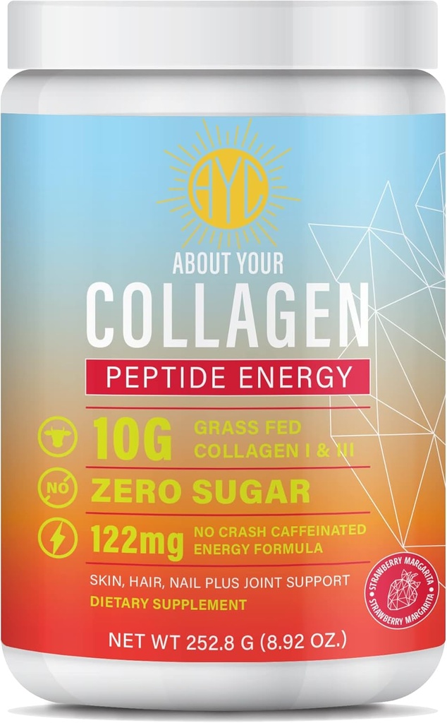 Peptide Energy Collagen Powder Hair, Nail, Skin, Type I & III,Caffeine for Energy, Vitamin C, Biotin, Hyaluronic Acid, Zero Sugar – 8.92 oz (Strawberry Margarita)
