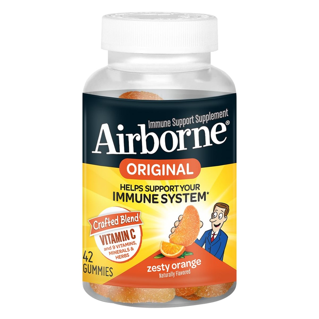 AirborneのビタミンC 750mg (サービングごとの) ゼスタイのオレンジによって味付けられるガミー(びんの42の計算)、ビタミンA C E、Selenium、Echinacea、ジンジャー、酸化防止のGlutenなしの免疫サポート補足が付いているGlutenなしの免疫サポート補足