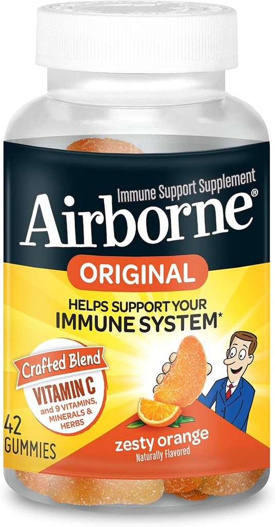 AirborneのビタミンC 750mg (サービングごとの) ゼスタイのオレンジによって味付けられるガミー(びんの42の計算)、ビタミンA C E、Selenium、Echinacea、ジンジャー、酸化防止のGlutenなしの免疫サポート補足が付いているGlutenなしの免疫サポート補足