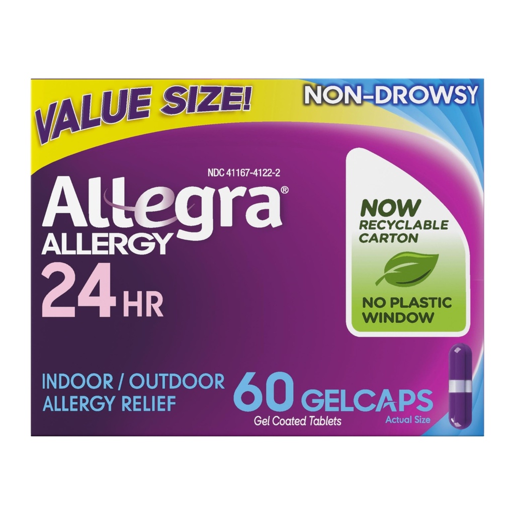 Allegraの大人の24時間のアレルギー救助のゲルキャップ、非眠気屋内および屋外のアレルギー薬、180のmgのFexofenadine HCIのAntihistamineの丸薬、60カウント