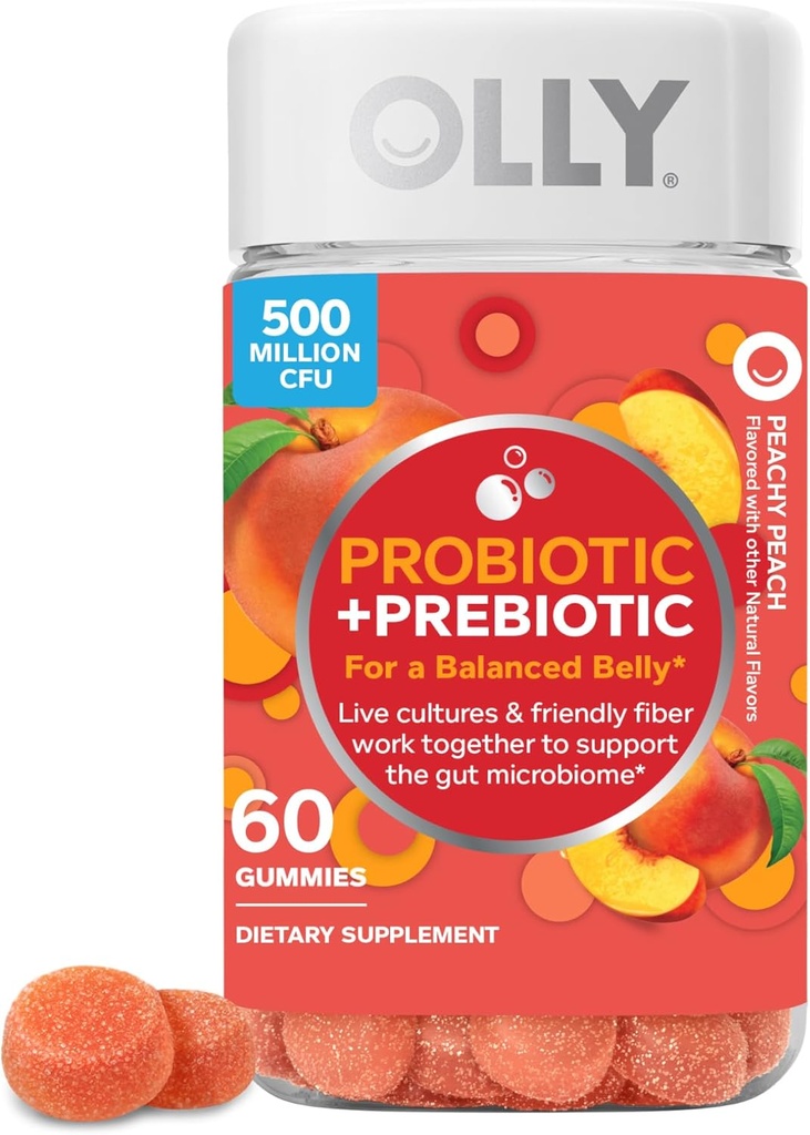 OLLY Probiotic + Prebiotic Gummy、消化管サポートとGut Health、500ミリオンCFU、繊維、男性と女性のための大人のChewableサプリメント、ピーチ、60日の供給 - 60カウント