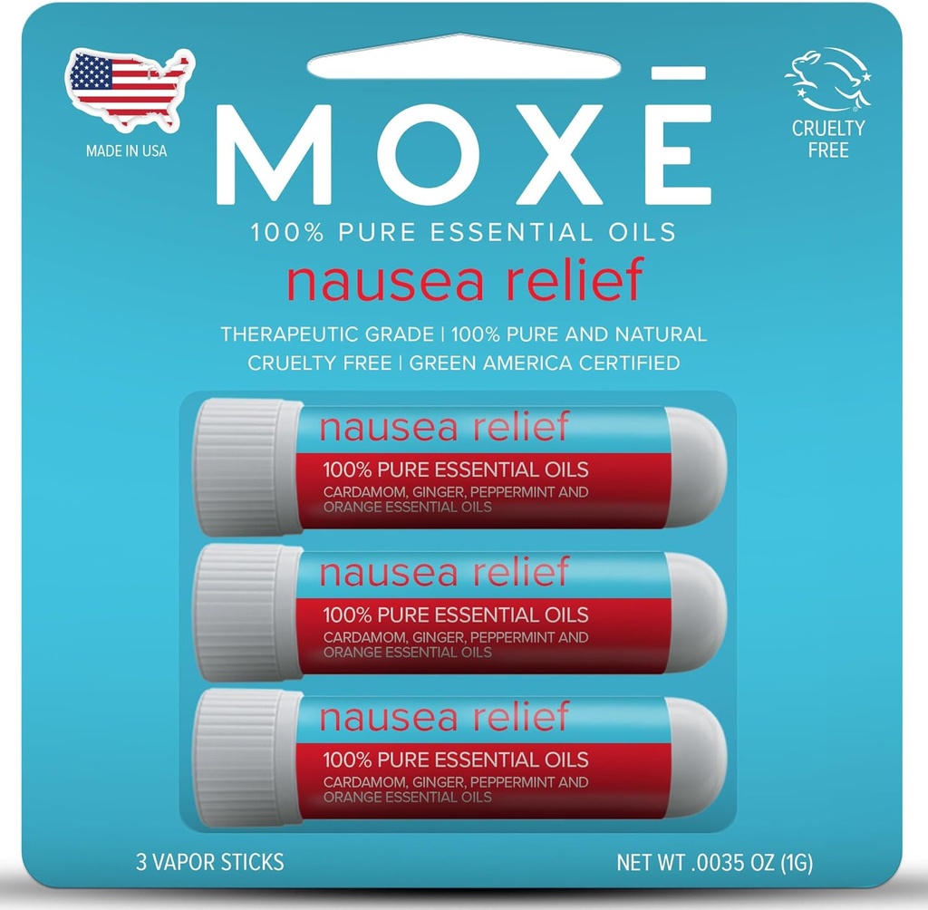 MOXE Nauseaの鼻の吸入器の棒、すべての自然な精油のブレンド、ジンジャー、カルダモン、ペパーミント、甘いオレンジ、upsetの胃、頭痛、米国で作られた使いやすい携帯用アロマセラピー、3パック