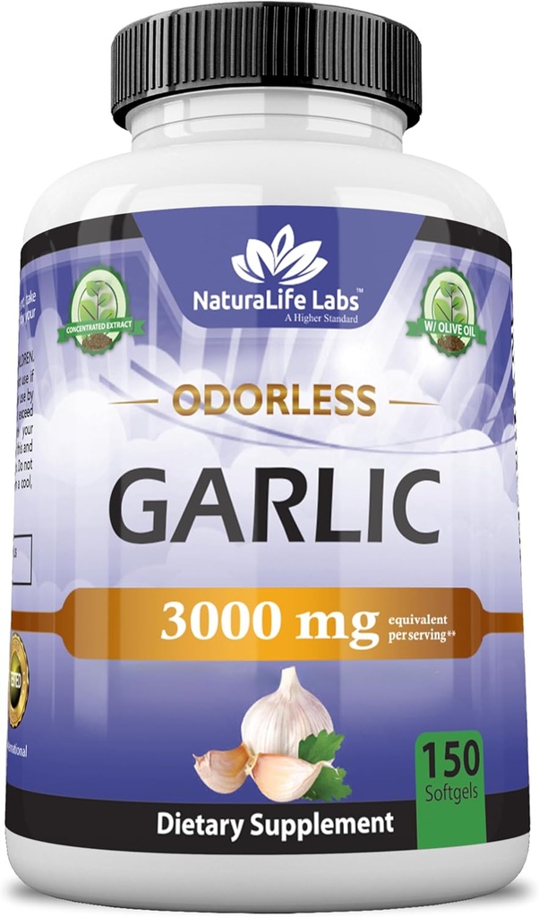 NaturaLife Labs Odorless Garlic - 3,000 mg のサービングあたり同等 - 150 Softgels - 有機エキストラバージンオリーブオイルで濃縮されたニンニクの電球エキス - 非GMO、グルテンフリー