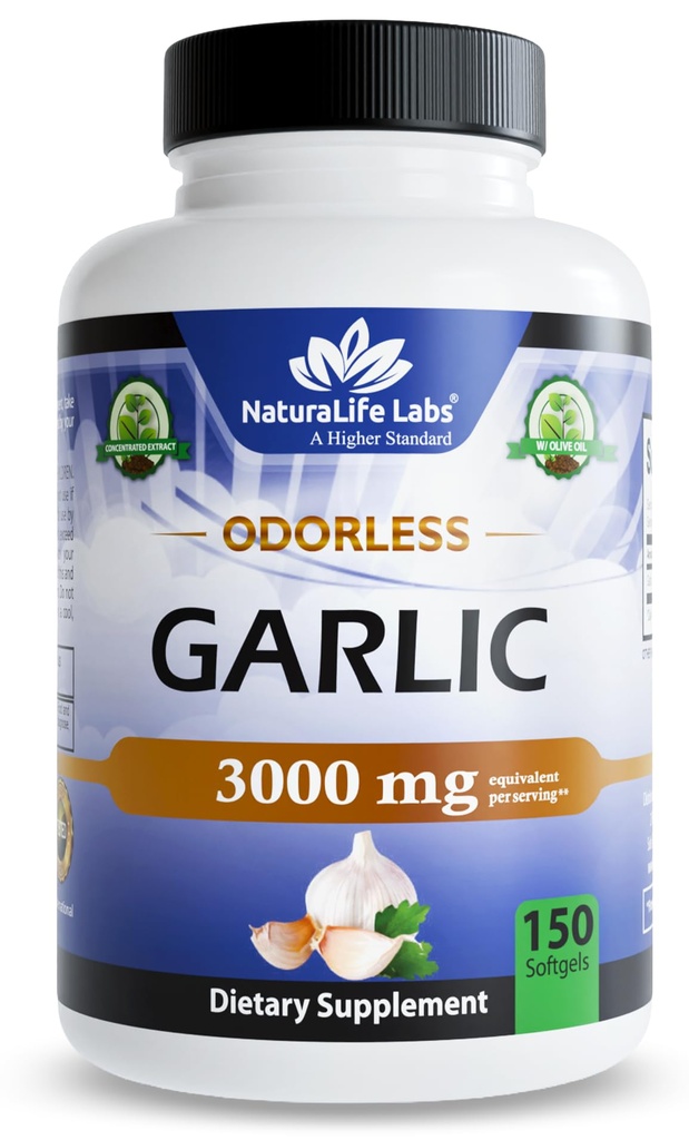 NaturaLife Labs Odorless Garlic - 3,000 mg のサービングあたり同等 - 150 Softgels - 有機エキストラバージンオリーブオイルで濃縮されたニンニクの電球エキス - 非GMO、グルテンフリー
