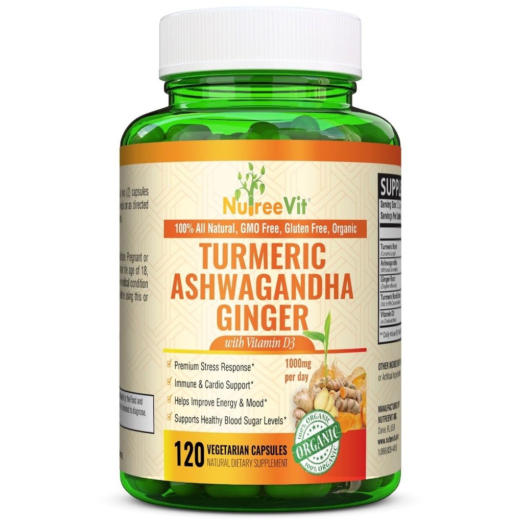 NutreeVit Organic Turmeric with Ashwagandha&Ginger - 120カプセル|Ashwagandha Root&Turmeric Supplement with Vitamin D3 | 一般ウェルネス用ハーブサプリメント