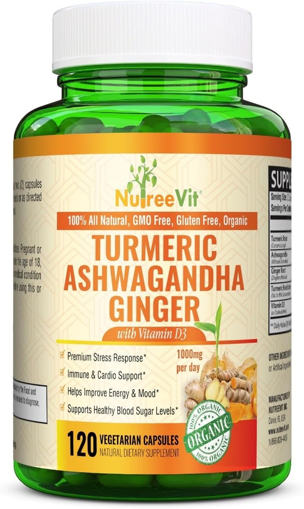 NutreeVit Organic Turmeric with Ashwagandha&Ginger - 120カプセル|Ashwagandha Root&Turmeric Supplement with Vitamin D3 | 一般ウェルネス用ハーブサプリメント