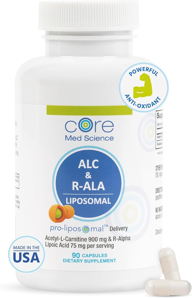 Core Med Science Liposomal ALC & R-ALA Supplement Capsules - Acetyl-L-Carnitine (900mg) & R-Alpha Lipoic Acid (75mg) - Promotes Energy & Focus - Supports Mental Function & Memory Cognition (90 Count)