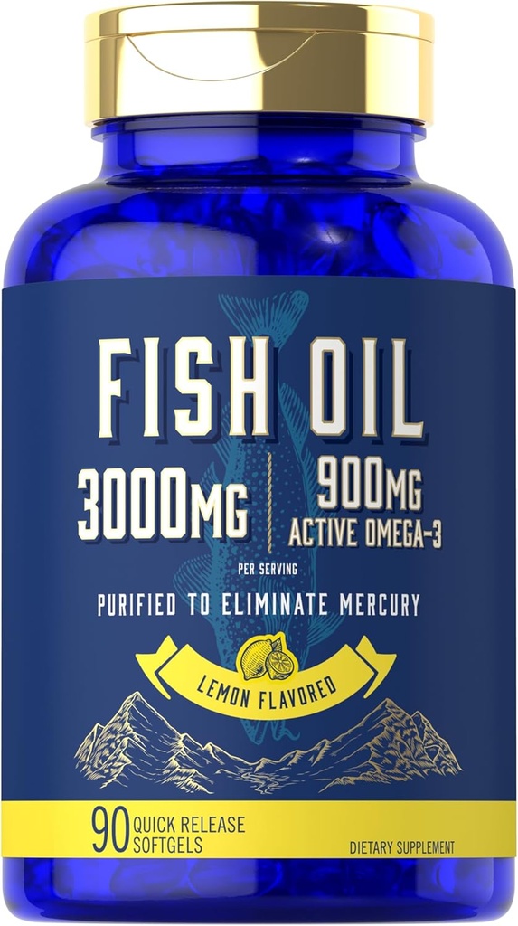 Carlyle Fish Oil 3000mg | 900mg オメガ3 | 90 Softgels | レモンフレーバー | 非GMOとグルテンフリーサプリメント