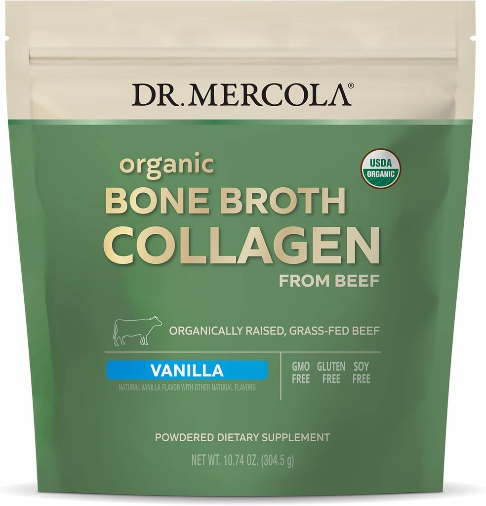 Mercola Organic Bone Broth Collagen Powder - Bone Health & Muscle Growthをサポート - USDA Organic、Non-GMO、グルテンフリー、乳製品フリー - 30サービング - バニラフレーバー