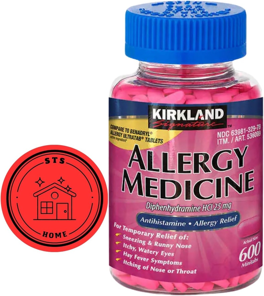 KirkIandシグネチャーアレルギー薬Diphenhydramine HCI 25 Mg、600 Minitabs + STSステッカー。
