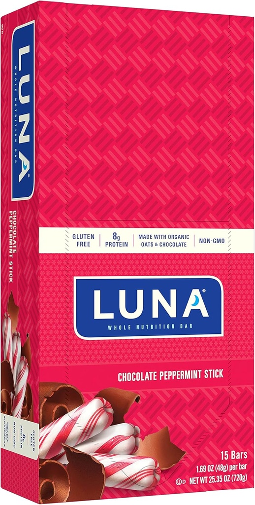 LUNA BAR - Gluten Free Snack Bars - Chocolate Peppermint Stick -8g of protein - Non-GMO - Plant-Based Wholesome Snacking - On the Go Snacks (1.69 Ounce Snack Bars, 15 Count)