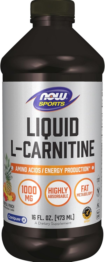 NOW Sports Nutrition, L-Carnitine Liquid 1,000 mg, Highly Absorbable, Tropical Punch, 16-Ounce