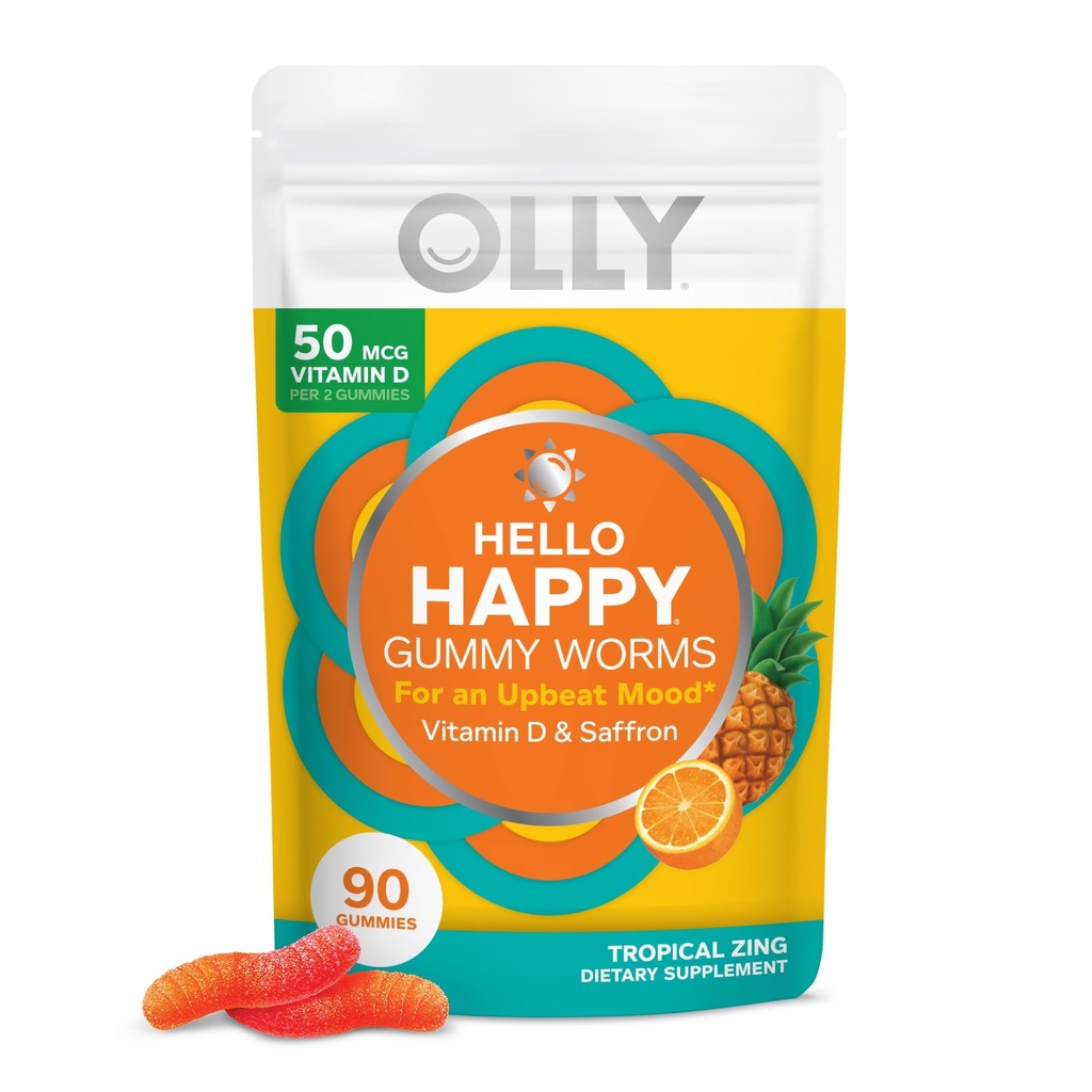 OLLYこんにちはハッピーガミーワーム、気分のバランスサポート、ビタミンD、サフラン、大人のChewableサプリメント、グルテンフリー、トロピカルZing - 90カウント