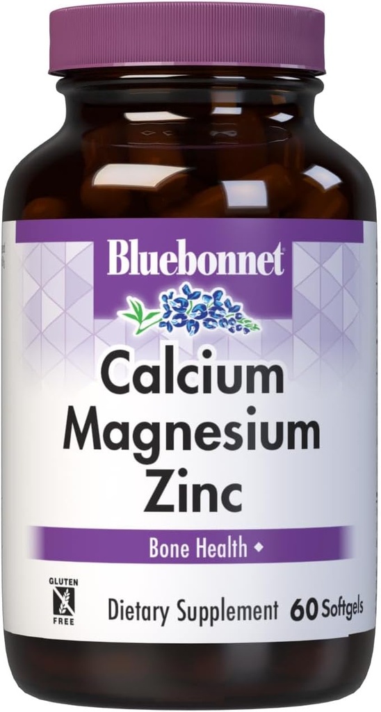 Bluebonnet Nutrition Calcium Magnesium Zinc Plus Vitamin D3, 1000 mg of Calcium, 500 mg of Magnesium and 15 mg of Zinc, 400 IU Vitamin D3, For Strong Healthy Bones*, Gluten-Free, Dairy-Fee, 60 softgel