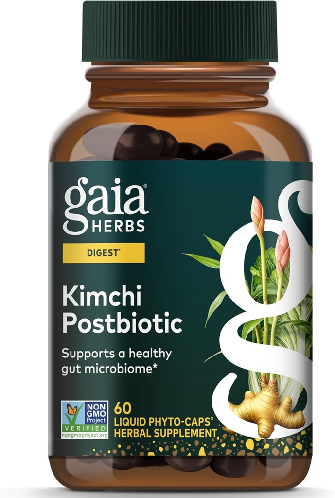Gaia Herbs Kimchi Postbiotic - Natural Digestive Supplement for Gut Health - Made with Organic Fermented Kimchi - Free from Dairy, Soy & Gluten - 60 Vegan Capsules (30 Servings)
