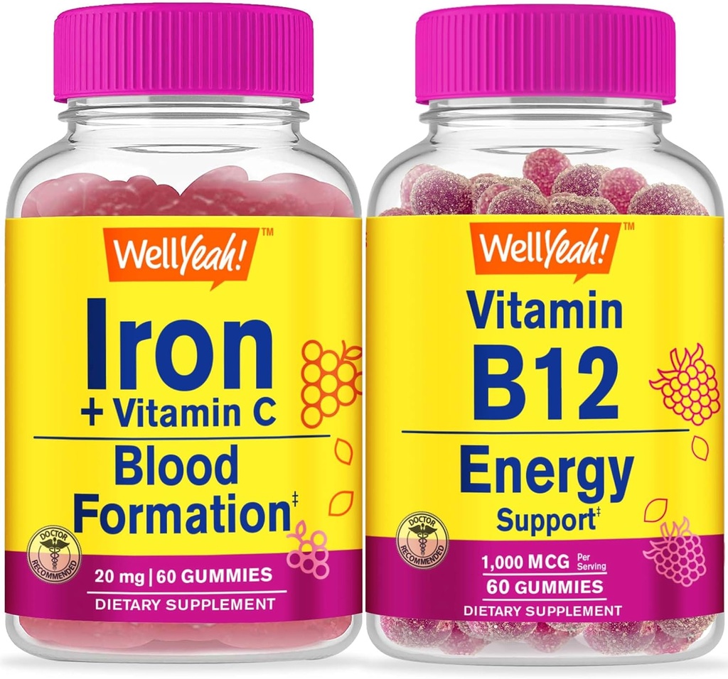 WellYeah Iron+Vitamin C + ビタミンB12 1000mcg、Gummies Bundle - Great Tasting、ビタミンサプリメント、グルテンフリー、GMO無料、Chewable Gummy