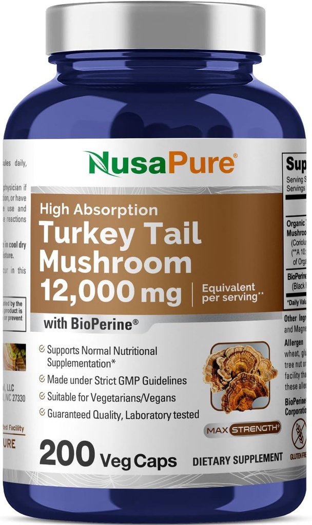 NusaPureトルコの尾きのこのカプセル、10:1のエキス、1200のmgは12,000mg、200のVcaps、非GMO、グルテンフリー、Bioperineに等価です