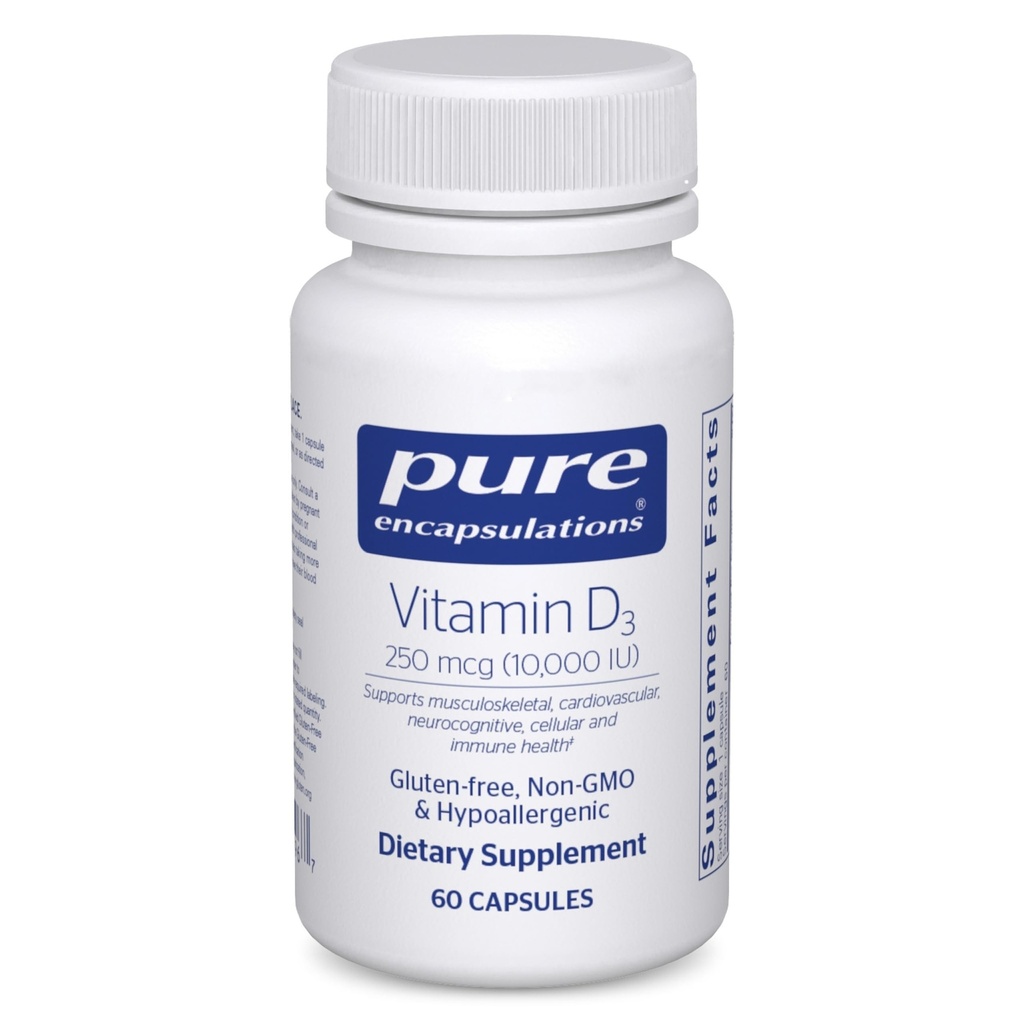 純粋なカプセル封入ビタミンD3 250 mcg(10,000 IU) - プレミアムビタミンD - 60カプセル付き、骨、関節、breast、心、コロン&免疫健康をサポートするサプリメント