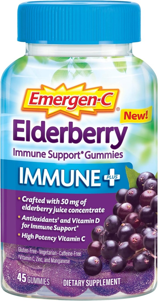 Emergen-C Immune + Elderberry Gummies、ビタミンD、亜鉛、電解液、免疫サポート栄養補助食品、カフェインフリー、グルテンフリー、エルダーベリー味 - 45カウント